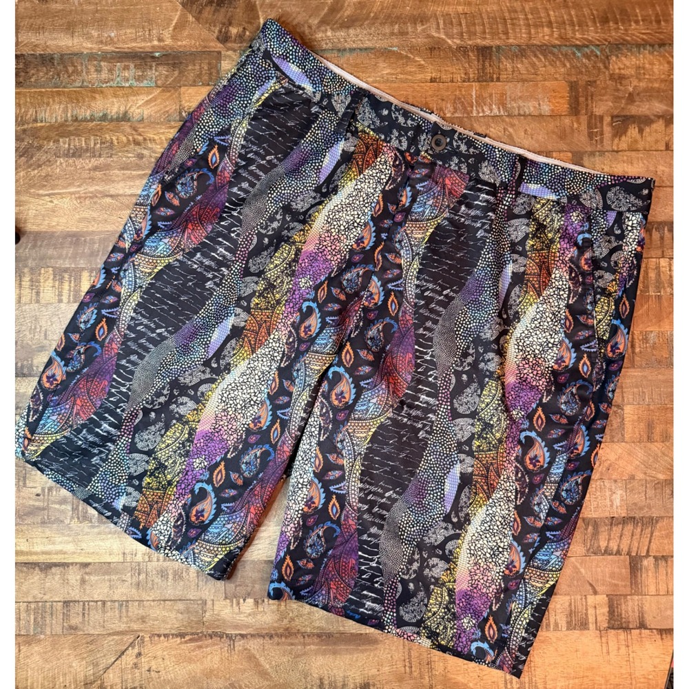 Hreski Mens Performance Golf Shorts Size 36 Paisley Mosaic Script Multi Color